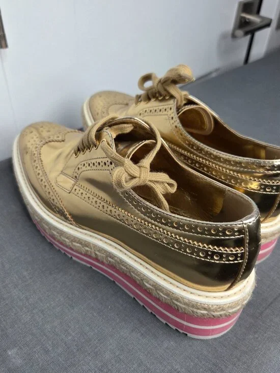 Prada Gold Metallic Platform Brogue Oxfords Espadrille Sole Women's 37.5 - Picture 4 of 13